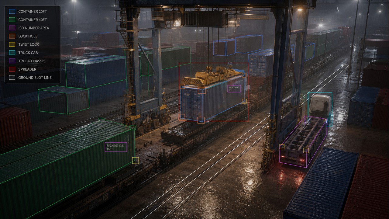 Synthetic visual sample for rainy night port gantry crane alignment