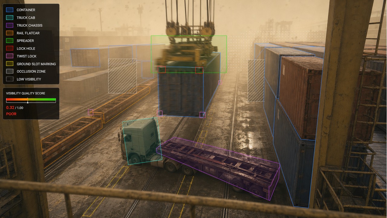 Synthetic visual sample for port dust occlusion and multi-container operation